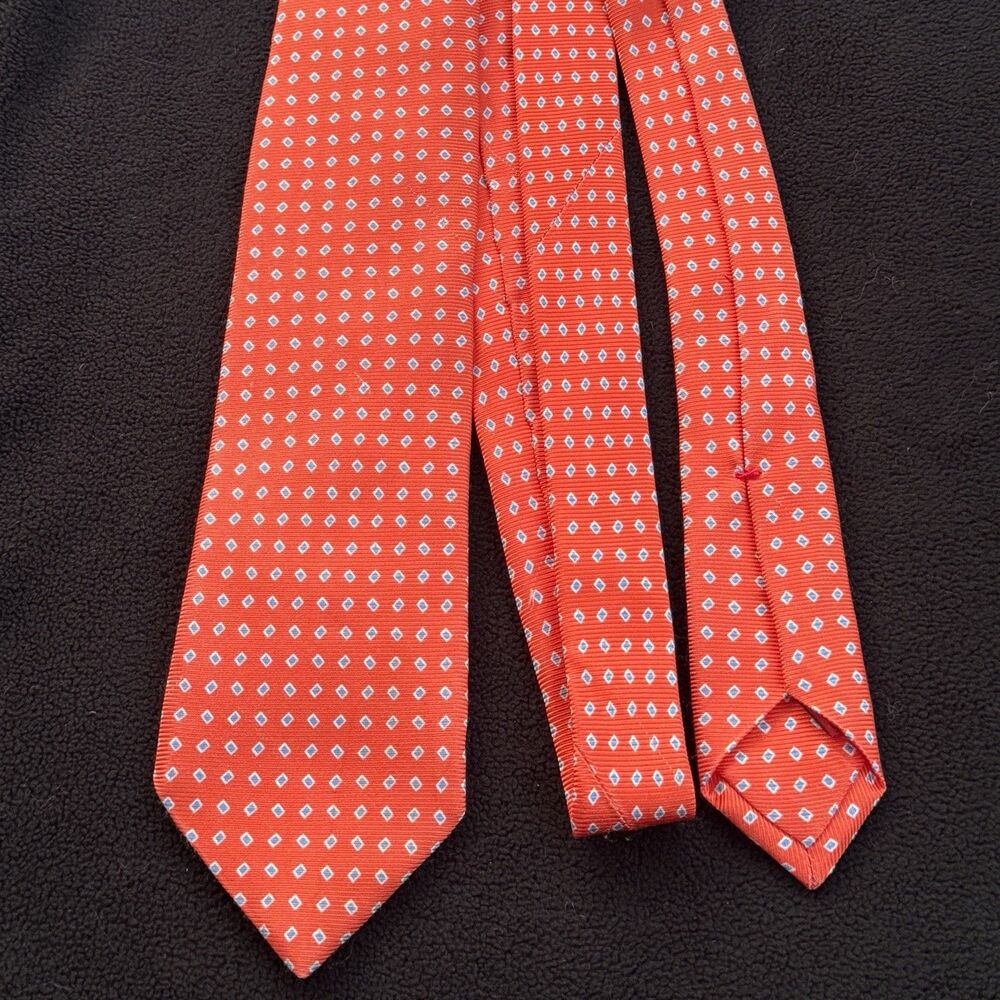 ISAIA Napoli 7 Fold Silk Tie Orange Red Blue Geometric Dot Handmade Italy Luxury